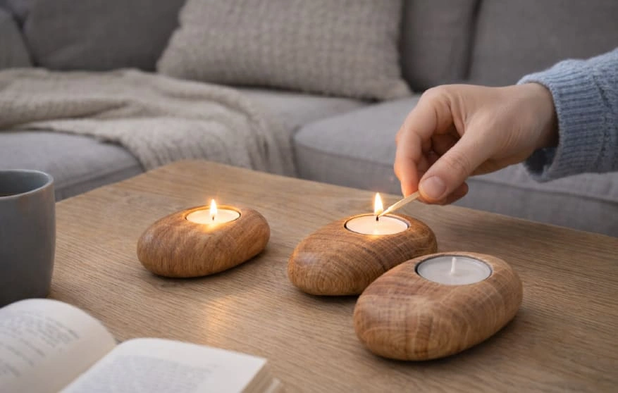 Bougeoirs en ch&ecirc;ne en forme de galet elementti